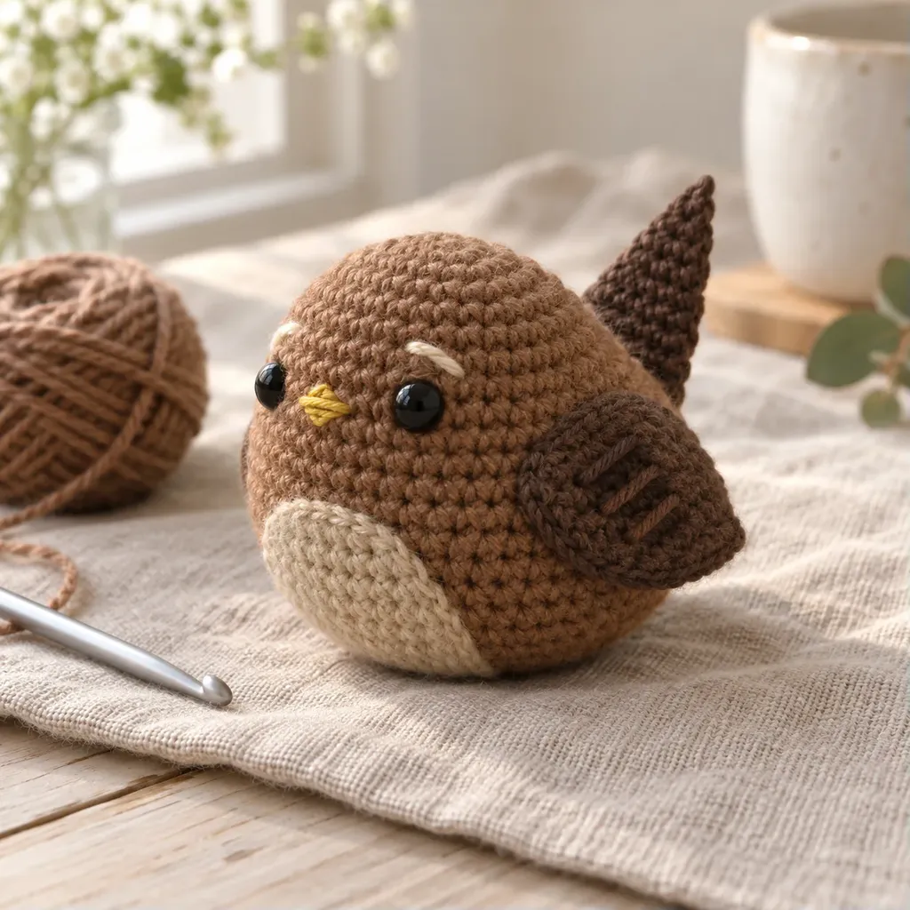 Finished warm brown crochet amigurumi wren with tan belly, wings and upturned tail on linen