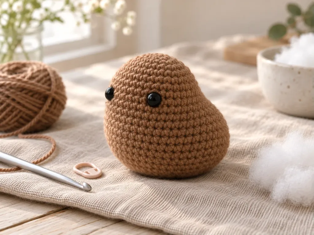 One-piece warm brown crochet wren body and head with safety eyes on linen