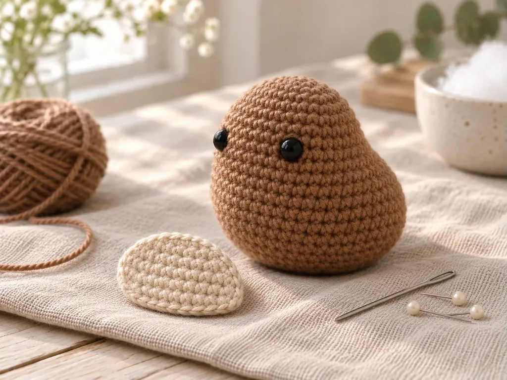 Tan crochet belly patch beside the unfinished brown amigurumi wren body
