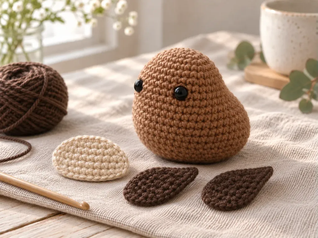 Two dark brown flat crochet wings for an amigurumi wren on linen