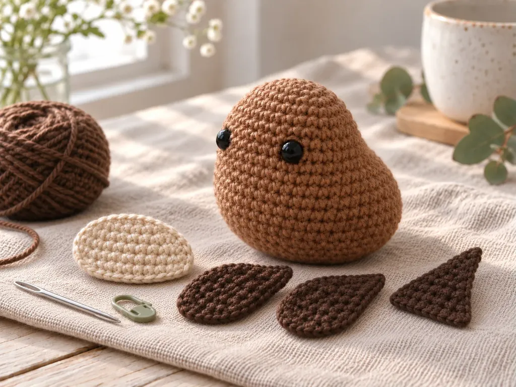 Dark brown crochet tail piece beside the amigurumi wren body