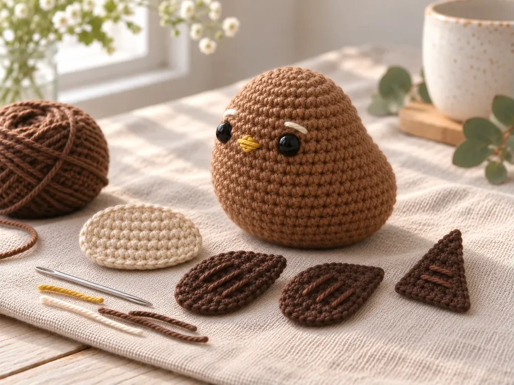 Crochet wren pieces with embroidered beak, brow stitches and dark wing bars