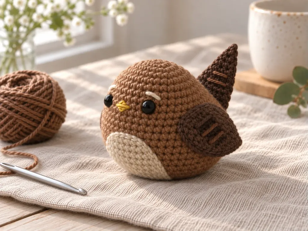 Assembled crochet amigurumi wren with tan belly, wings and upturned tail