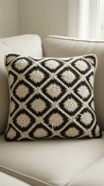 Black and Ivory Diamond Cushion: Planning a Diagonal Motif Grid — AI-generated design illustration