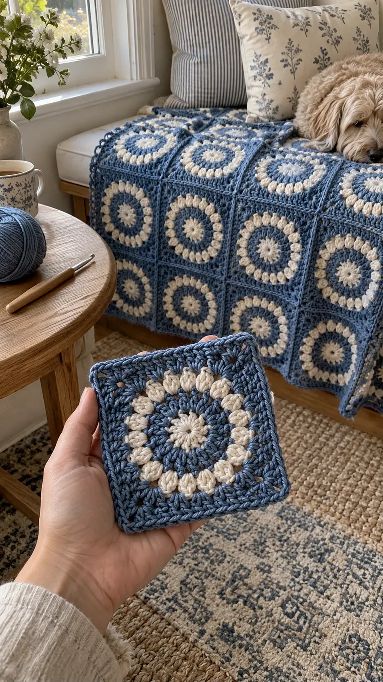 Blue and White Crochet Blanket: Round Centers, Square Layout — AI-generated design illustration