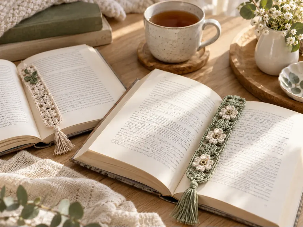 Crochet bookmarks tucked into open books beside a cup of tea
