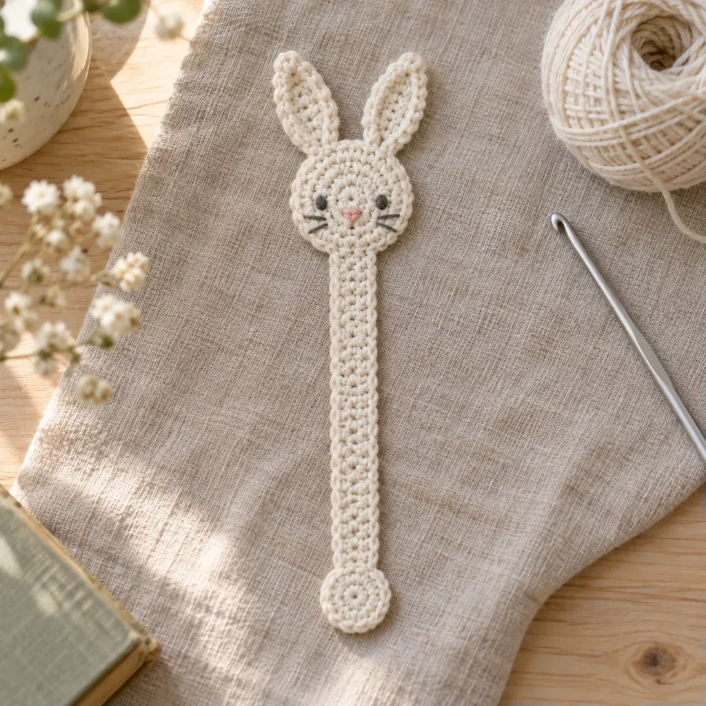 Finished cream crochet bunny bookmark with ears, embroidered face, ribbon body and small tail