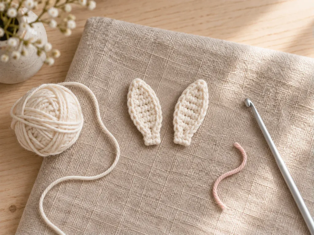 Two tapered cream crochet bunny ears lying side by side on linen
