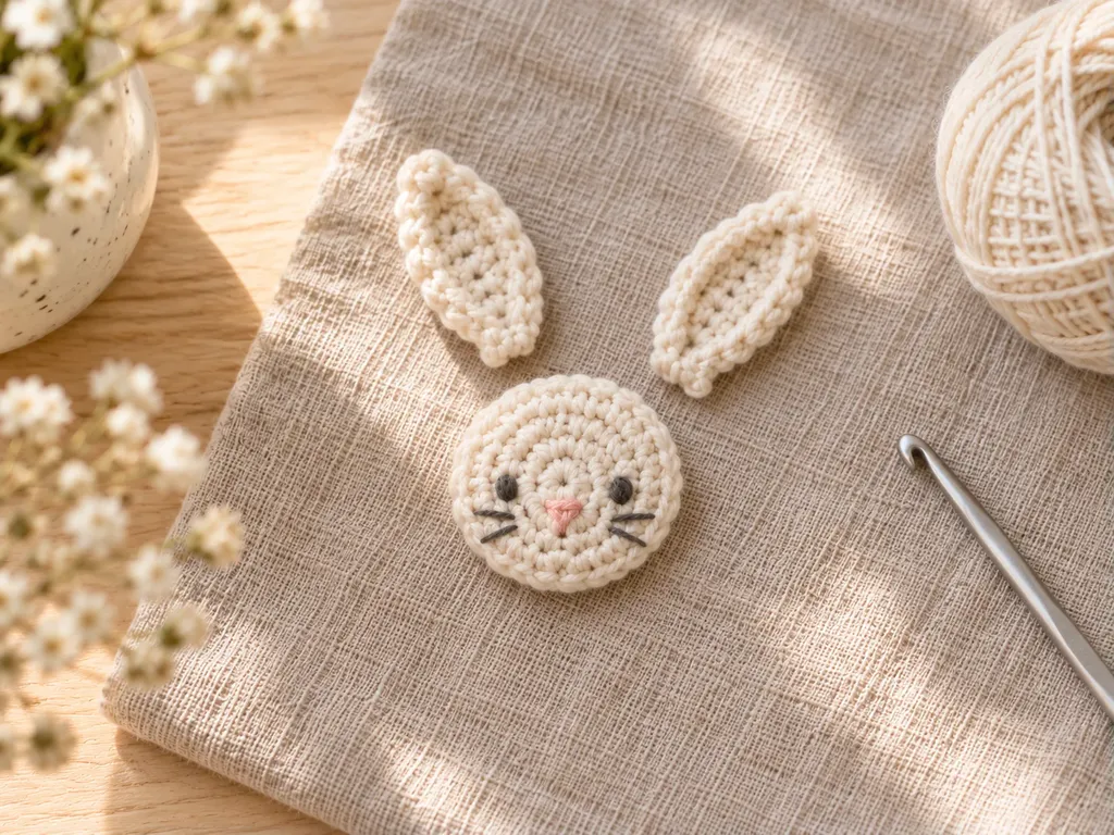 Cream crochet bunny head with embroidered eyes, nose and whiskers before assembly