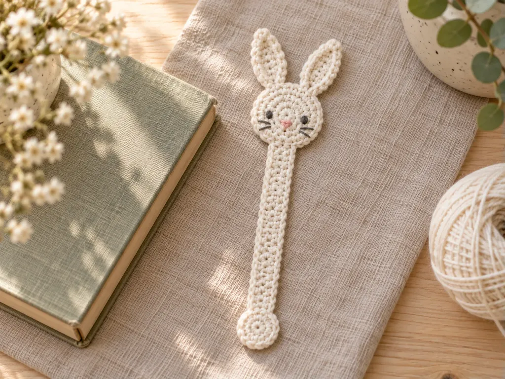 Assembled cream crochet bunny bookmark lying flat beside a closed book