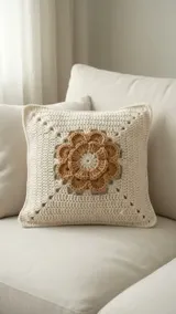 Caramel Flower Cushion: Framing a Raised Motif in Cream — AI-generated design illustration