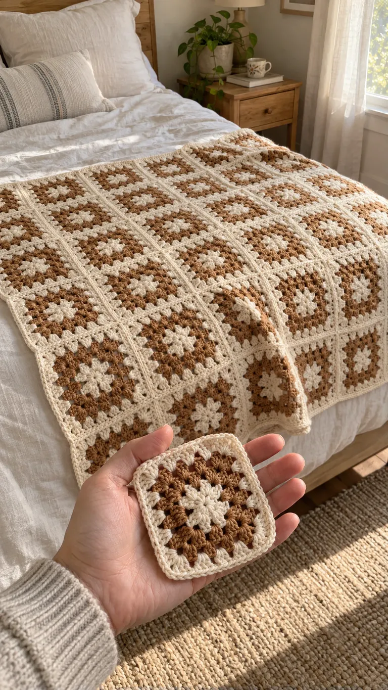 Illustrative cream and caramel motif throw on a linen-covered bed