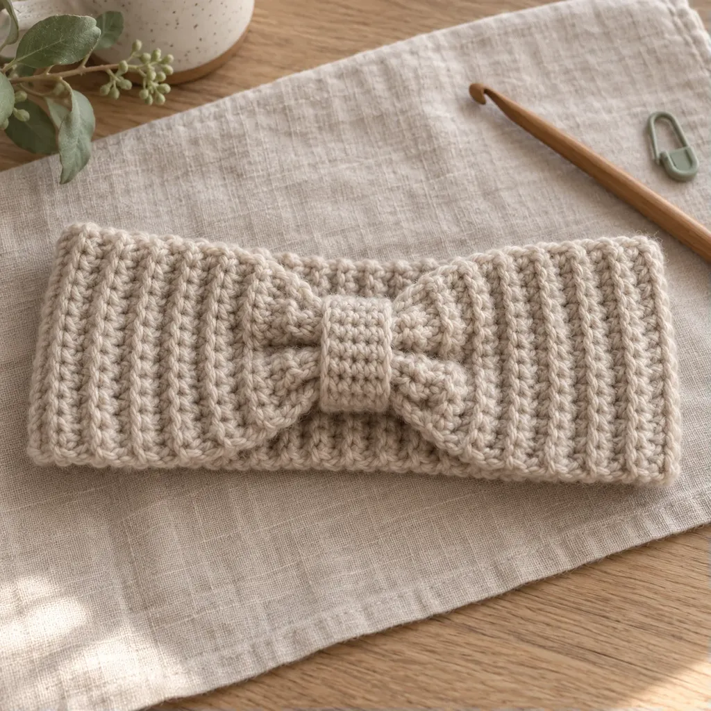 Oatmeal ribbed crochet ear warmer headband with a cinched twist front on linen