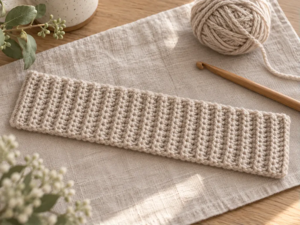Unseamed oatmeal crochet headband panel with ribbed rows on linen