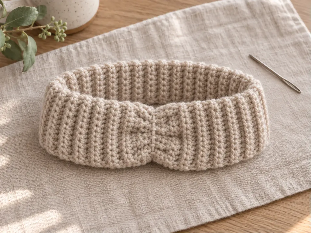 Ribbed crochet headband short ends sewn into a twist seam