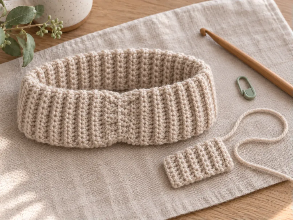 Small oatmeal crochet center wrap strip beside the headband panel