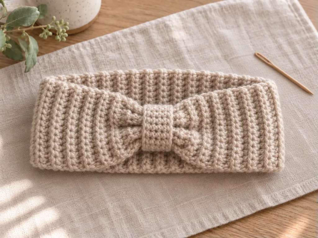Crochet ear warmer front cinched with a center wrap