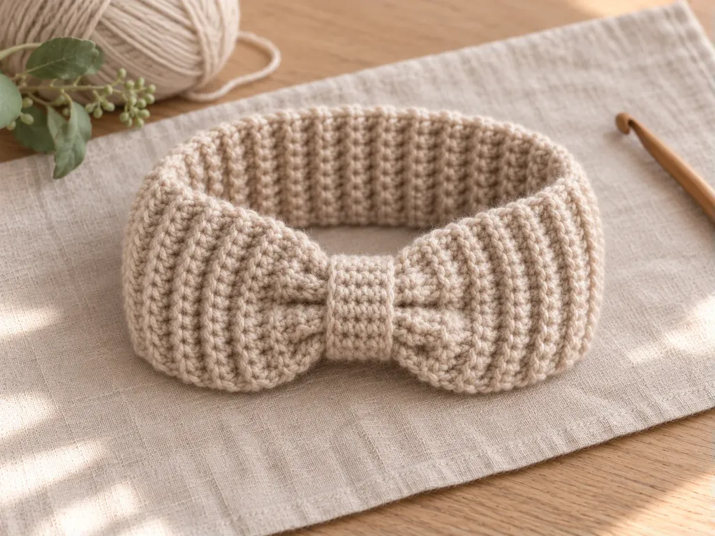 Finished oatmeal ribbed crochet ear warmer headband with twist front