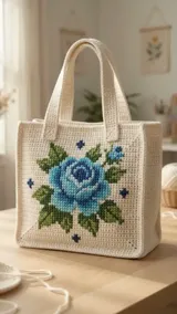 Floral Cross Stitch Tote: Separate the Crochet Fabric from the Embroidery — AI-generated design illustration