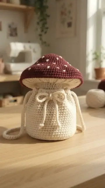 Forest Forage Bag: Plan the Mushroom Cap, Drawstring and Strap — AI-generated design illustration