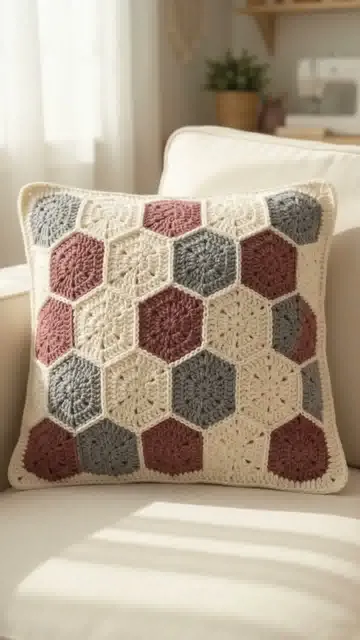 Granny Hexagon Pillow: Arranging Three Colors Before Joining — AI-generated design illustration