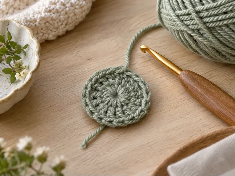 A crochet hook, sage yarn and a magic ring swatch on a wooden table