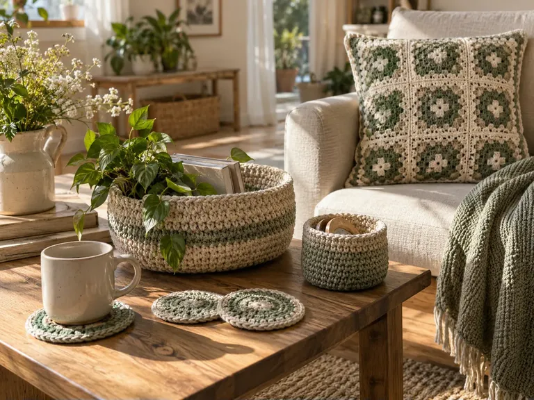 Crochet baskets, coasters and a granny-square cushion in a sunlit living room