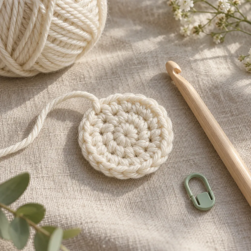 Cream crochet magic ring swatch with a hook and stitch marker on linen