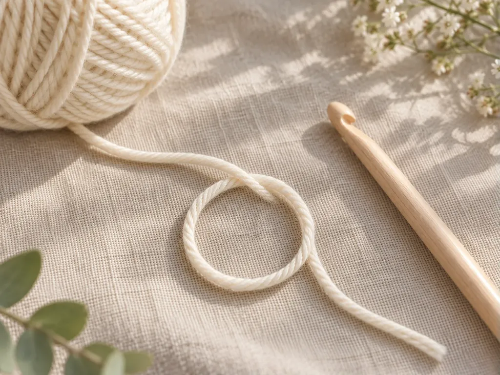 Cream yarn arranged in an adjustable loop beside a crochet hook