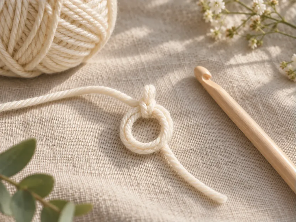 Crochet hook pulling up the first loop through a cream yarn ring