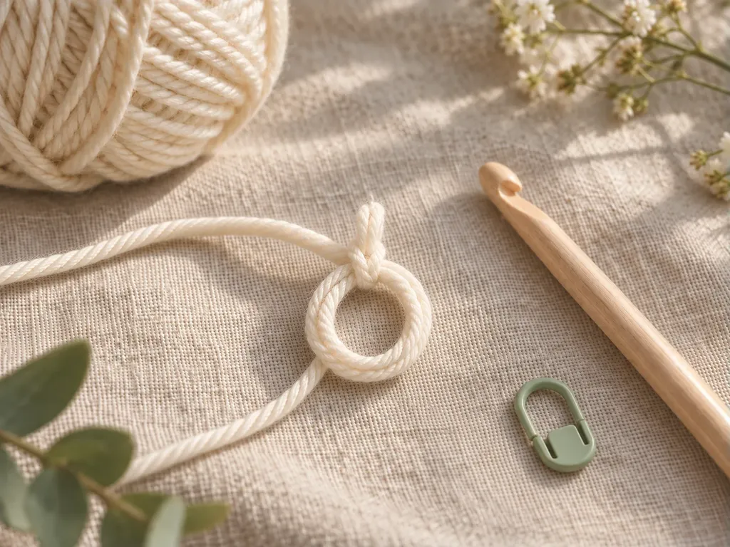 Cream crochet magic ring with one chain made at the top