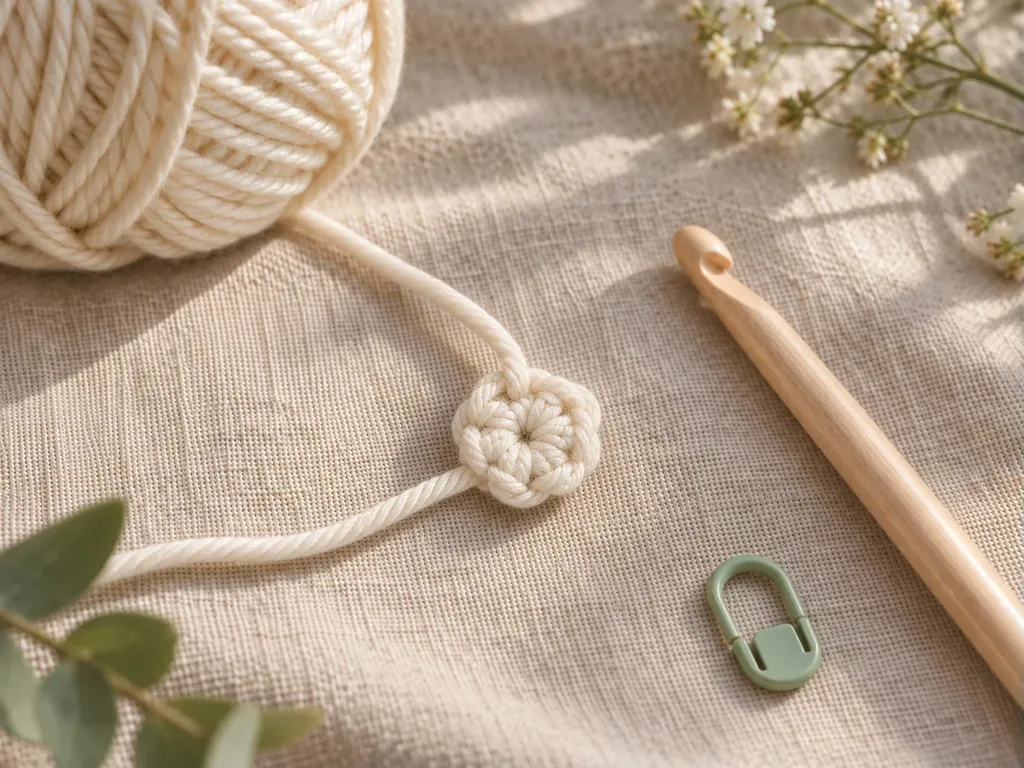 Closed cream crochet magic ring forming a neat small circle