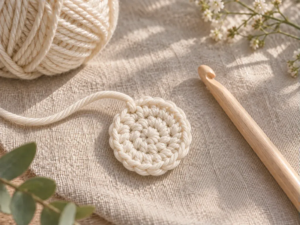 Cream crochet circle swatch with three amigurumi rounds