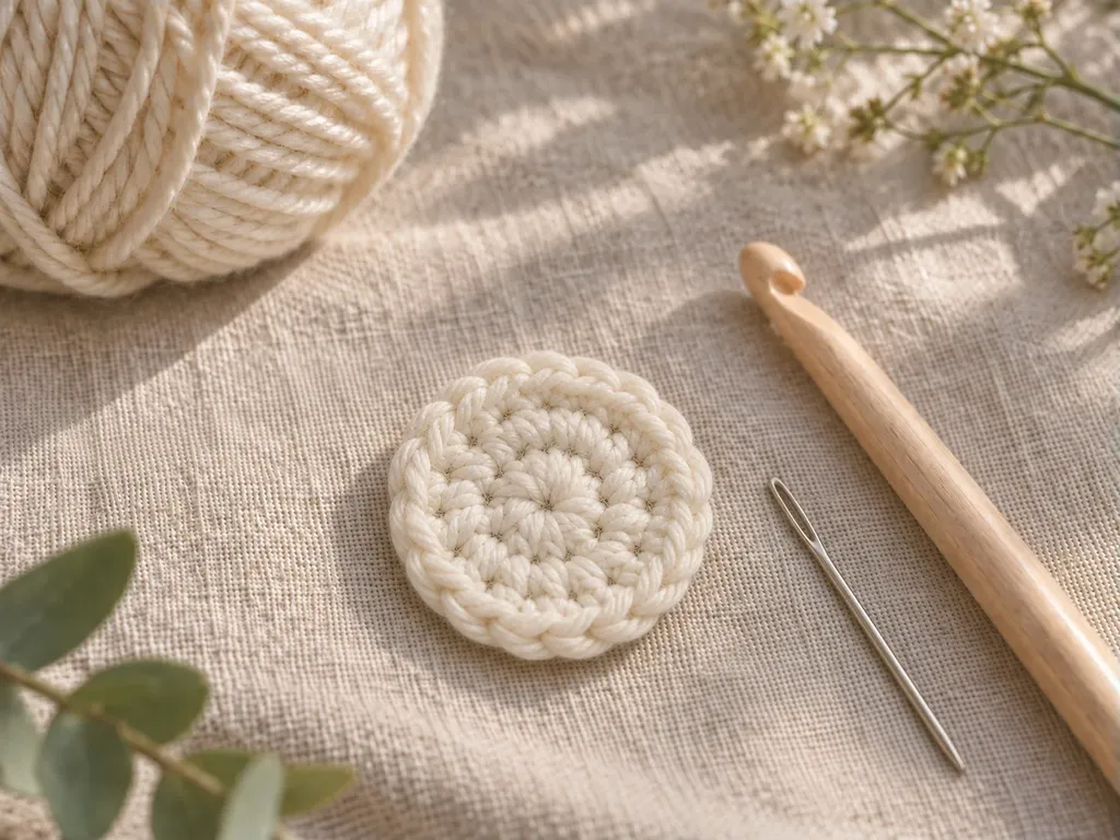 Back of a cream crochet circle with the yarn tail woven in