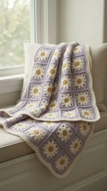 Lavender Daisy Throw: Planning Floral Squares and Pale Joins — AI-generated design illustration
