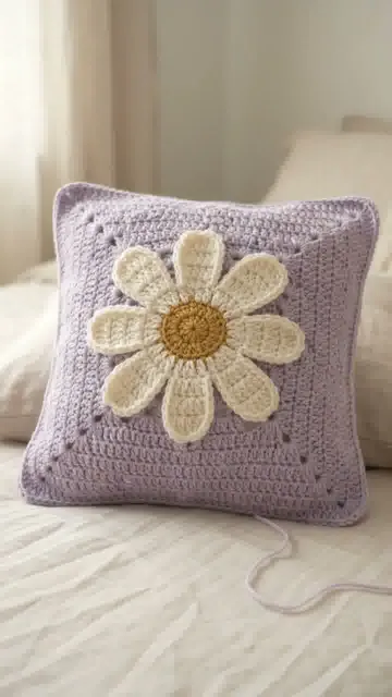 Lilac Daisy Cushion: Centering a Flower on a Square Cover — AI-generated design illustration