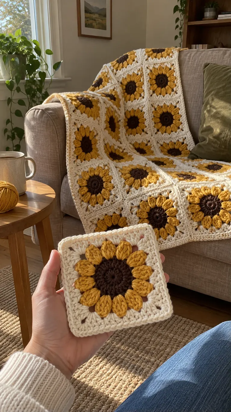 Mustard Sunflower Square Throw: Floral Repeats and a Quiet Border — AI-generated design illustration