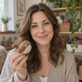 Nora Ellis holding a small crocheted amigurumi wren in her craft corner
