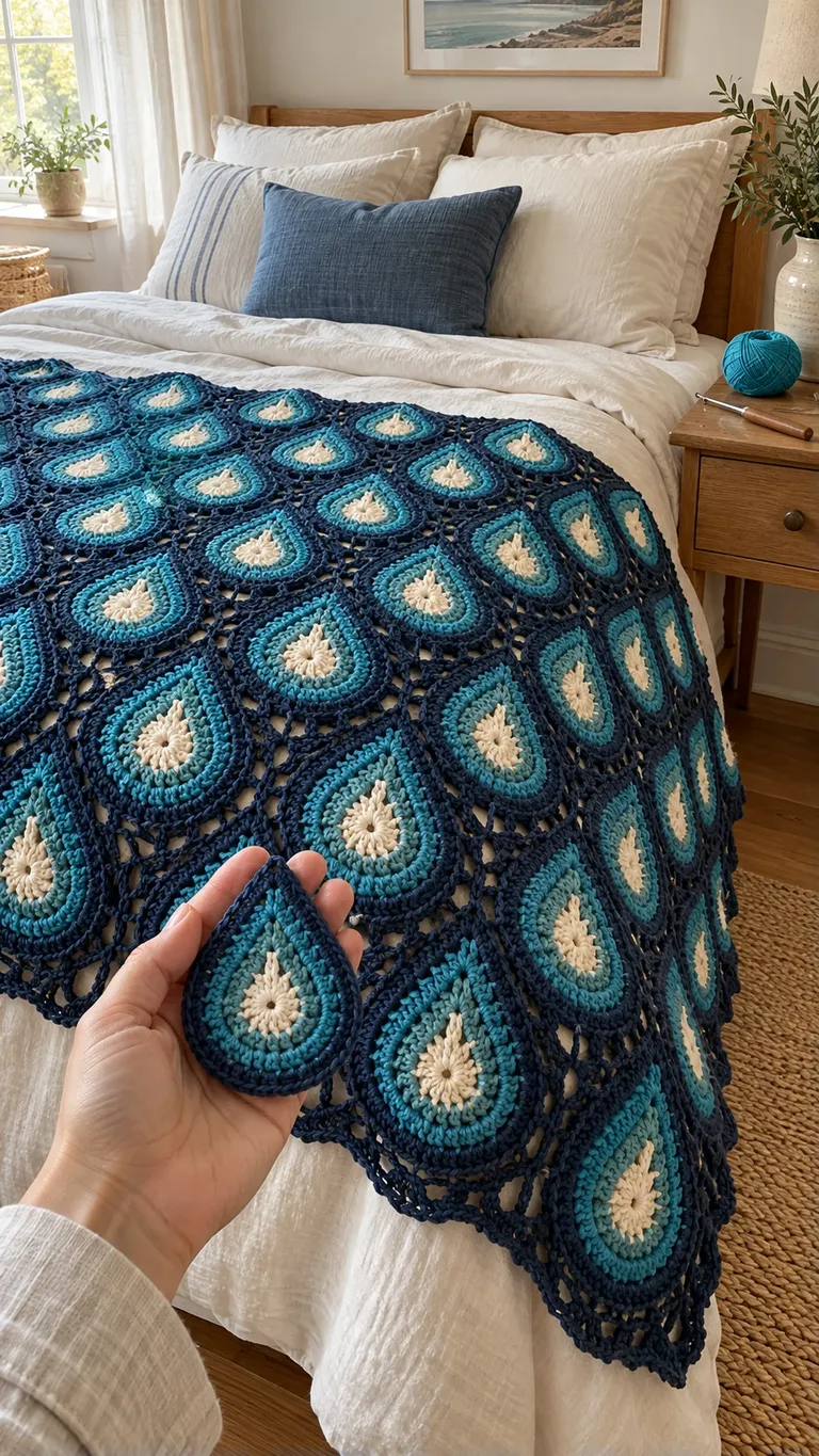Ocean Blue Crochet Throw: Planning a Directional Motif Layout — AI-generated design illustration