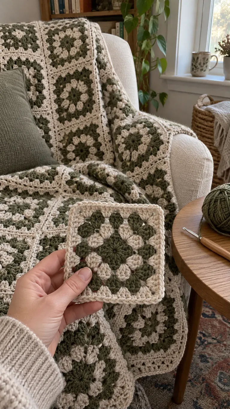 Olive and Oatmeal Granny Blanket: Color Contrast and Stitch Definition — AI-generated design illustration