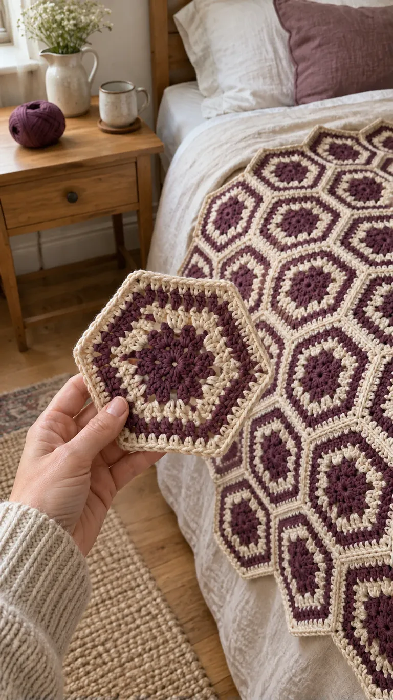 Plum and Linen Hexagon Throw: Planning Rows and Stepped Edges — AI-generated design illustration
