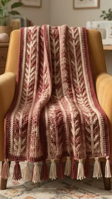 Rustic Textures Blanket: Tracking Raised Stitches and Tassel Placement — AI-generated design illustration