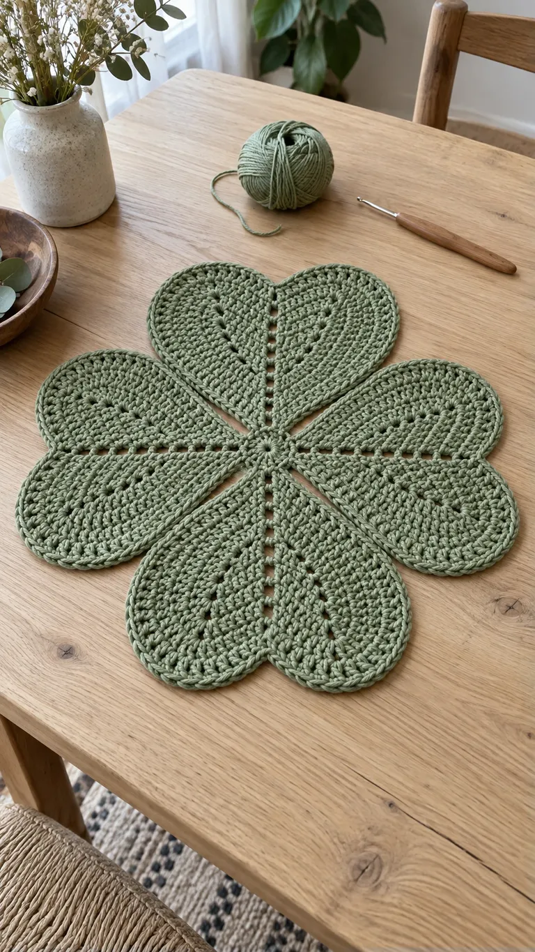 Sage Four-Leaf Crochet Table Mat: Shape and Finishing Guide — AI-generated design illustration