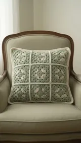Sage Granny-Square Cushion: Planning a Nine-Motif Front — AI-generated design illustration