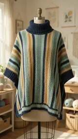 Sand and Ocean Poncho: Planning Vertical Stripes and Navy Ribbing — AI-generated design illustration