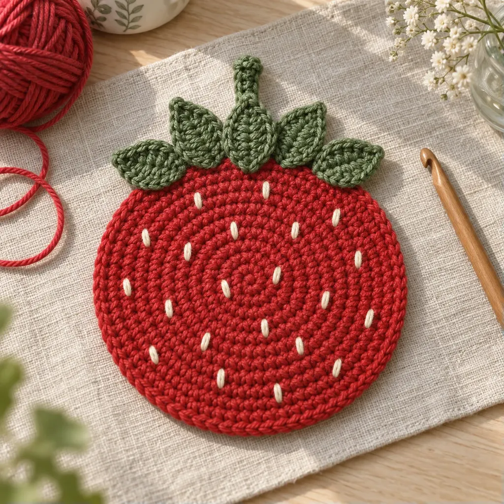 Finished red crochet strawberry coaster with green leaves and cream embroidered seeds