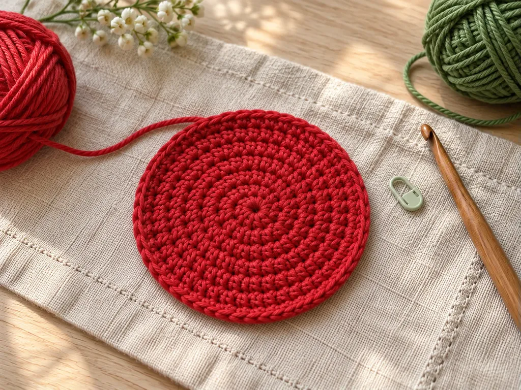 Flat red crochet coaster base before leaves or seed embroidery