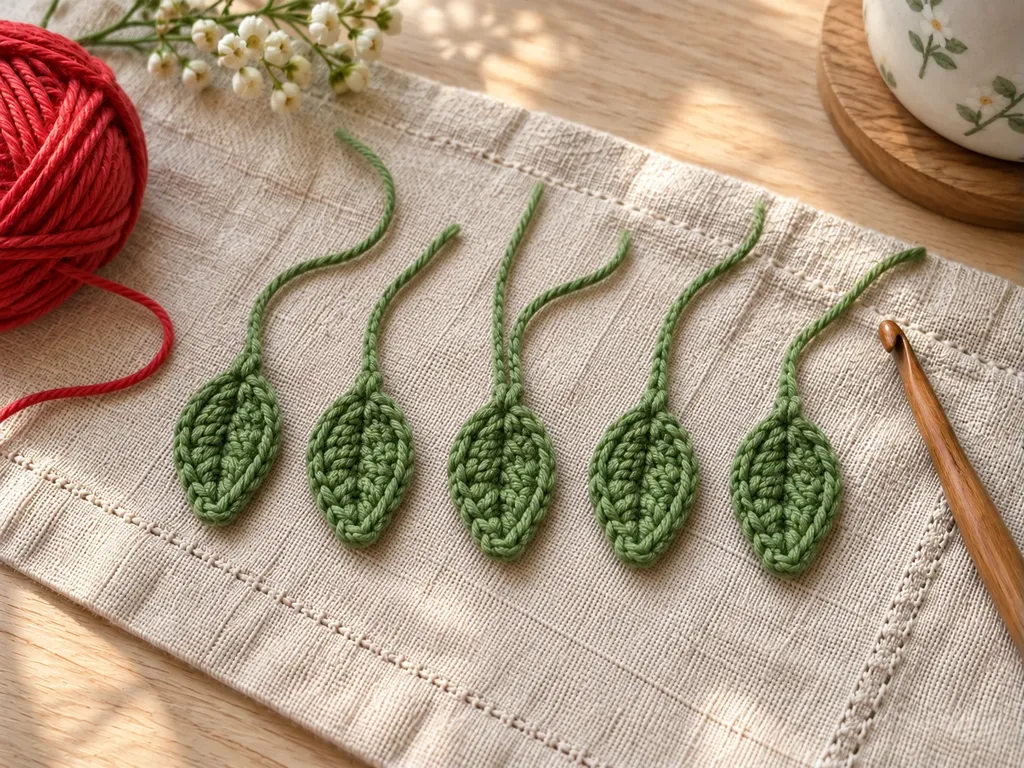 Five green crochet leaves with sewing tails on linen