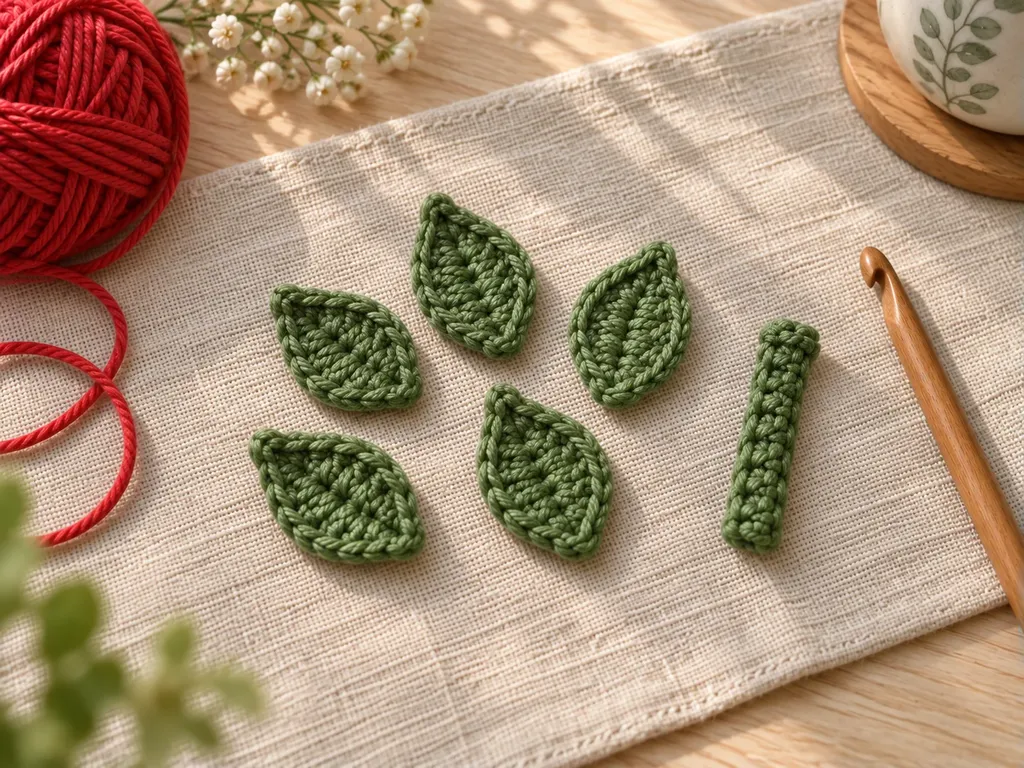 Small green crochet stem beside crochet leaves