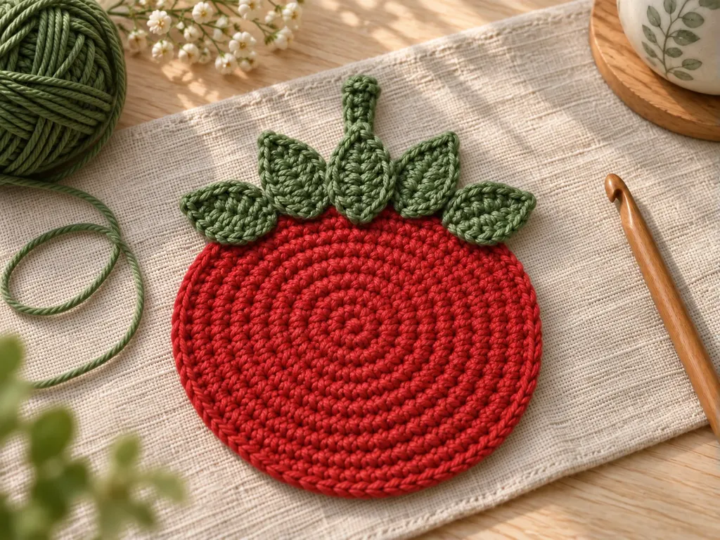 Red crochet coaster with green leaves and stem sewn to the top edge